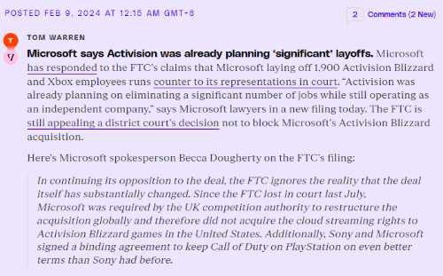 微软回应FTC投诉其解雇动暴员工：动暴独立时自己的计划